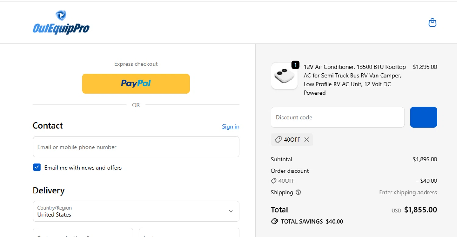OutEquipPro promo code screenshot showing code 40OFF applied at OutEquipPro checkout page. Uploaded by SimplyCodes community member yeresojperez on Oct 23, 2025