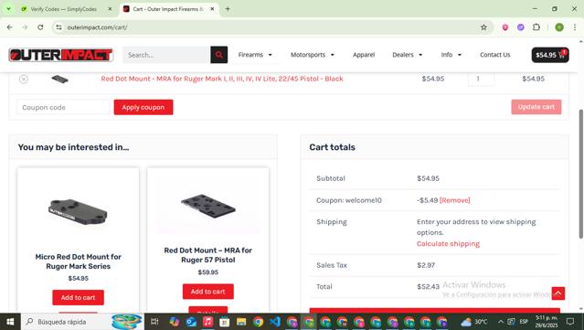 OuterImpact checkout page showing OuterImpact coupon code box | Screenshot taken by SimplyCodes community member on Jun 29, 2025