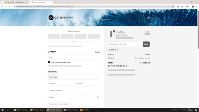 OuterKnown checkout page showing OuterKnown discount code box | Screenshot taken by SimplyCodes community member on Sep 11, 2025