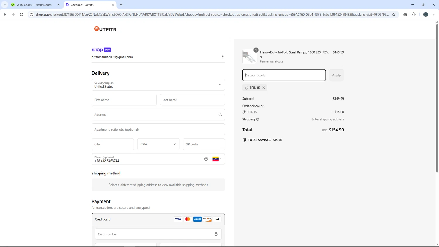 OutfitR promo code screenshot showing code SPIN15 applied at OutfitR checkout page. Uploaded by SimplyCodes community member AVATIGRITO on Apr 4, 2025