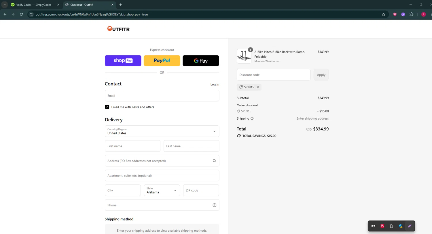 OutfitR promo code screenshot showing code SPIN15 applied at OutfitR checkout page. Uploaded by SimplyCodes community member ExtraordinaryVirtuoso281 on Jul 23, 2025