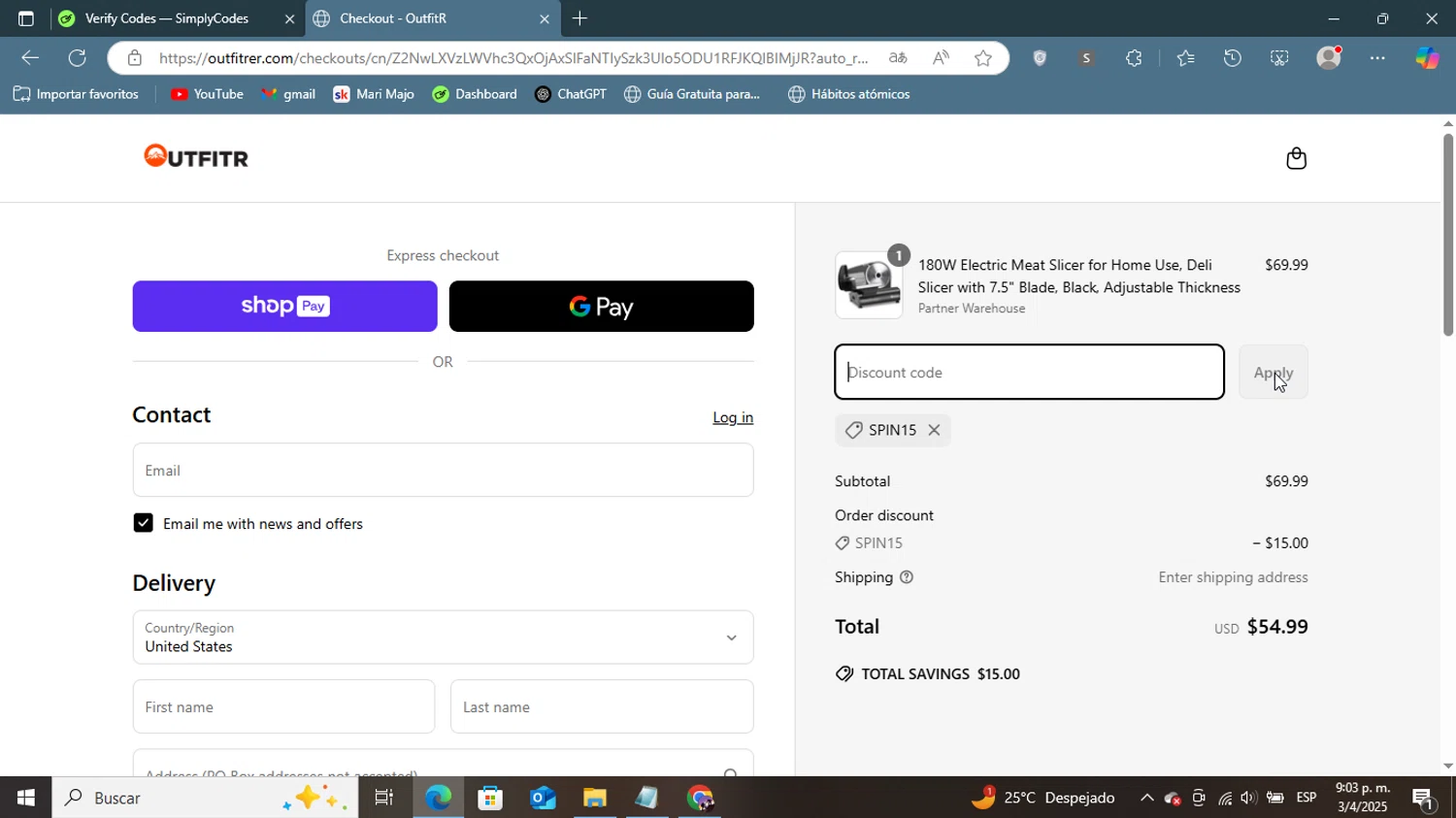 OutfitR promo code screenshot showing code SPIN15 applied at OutfitR checkout page. Uploaded by SimplyCodes community member ShieldGenius127 on Apr 4, 2025