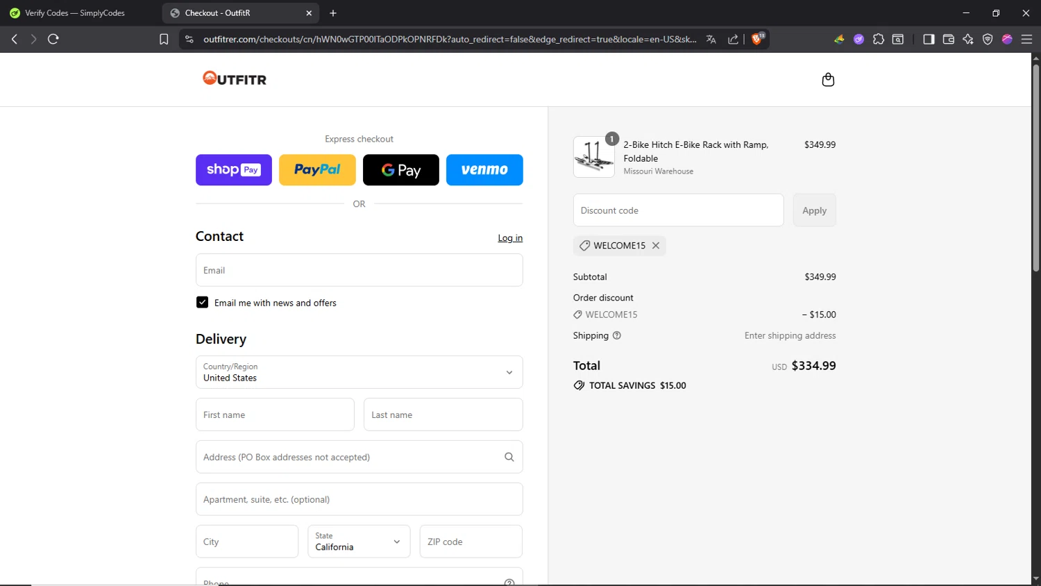 OutfitR promo code screenshot showing code WELCOME15 applied at OutfitR checkout page. Uploaded by SimplyCodes community member Morrachida04 on Jul 23, 2025