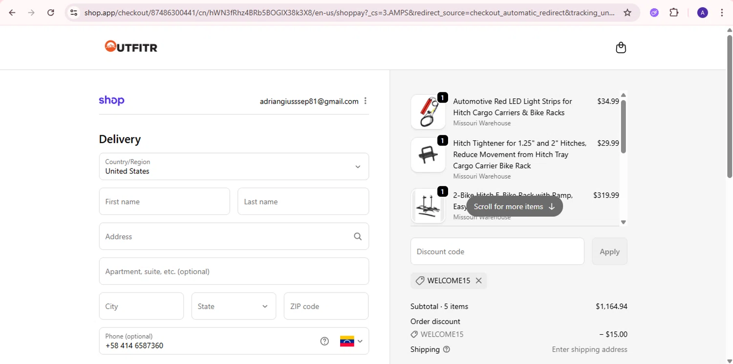 OutfitR promo code screenshot showing code WELCOME15 applied at OutfitR checkout page. Uploaded by SimplyCodes community member PromoExpert5262 on Oct 2, 2025