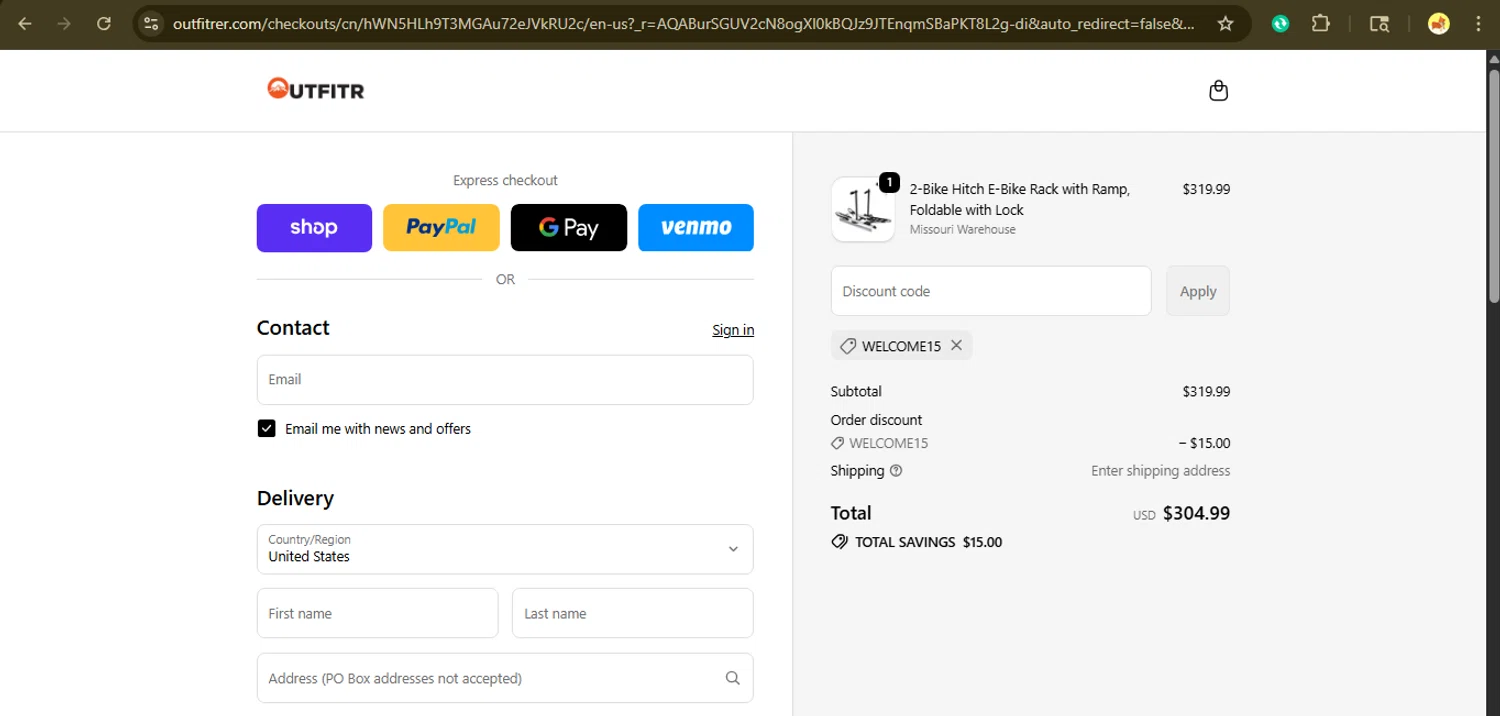 OutfitR promo code screenshot showing code WELCOME15 applied at OutfitR checkout page. Uploaded by SimplyCodes community member giselmarstephanny on Nov 14, 2025