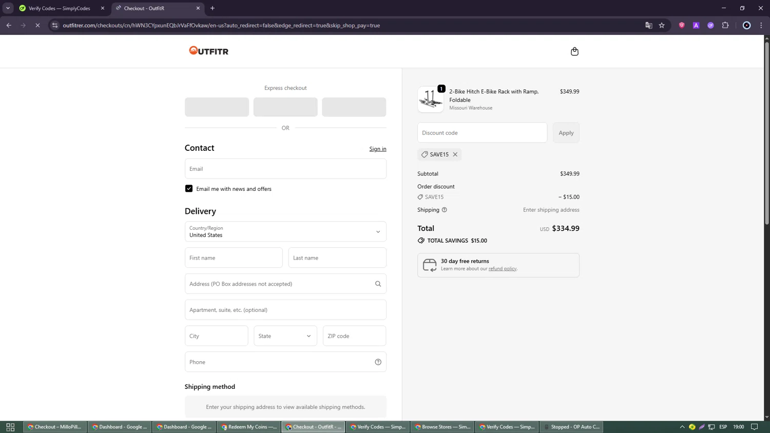 OutfitR promo code screenshot showing code SAVE15 applied at OutfitR checkout page. Uploaded by SimplyCodes community member GoldRanger7074 on Sep 20, 2025
