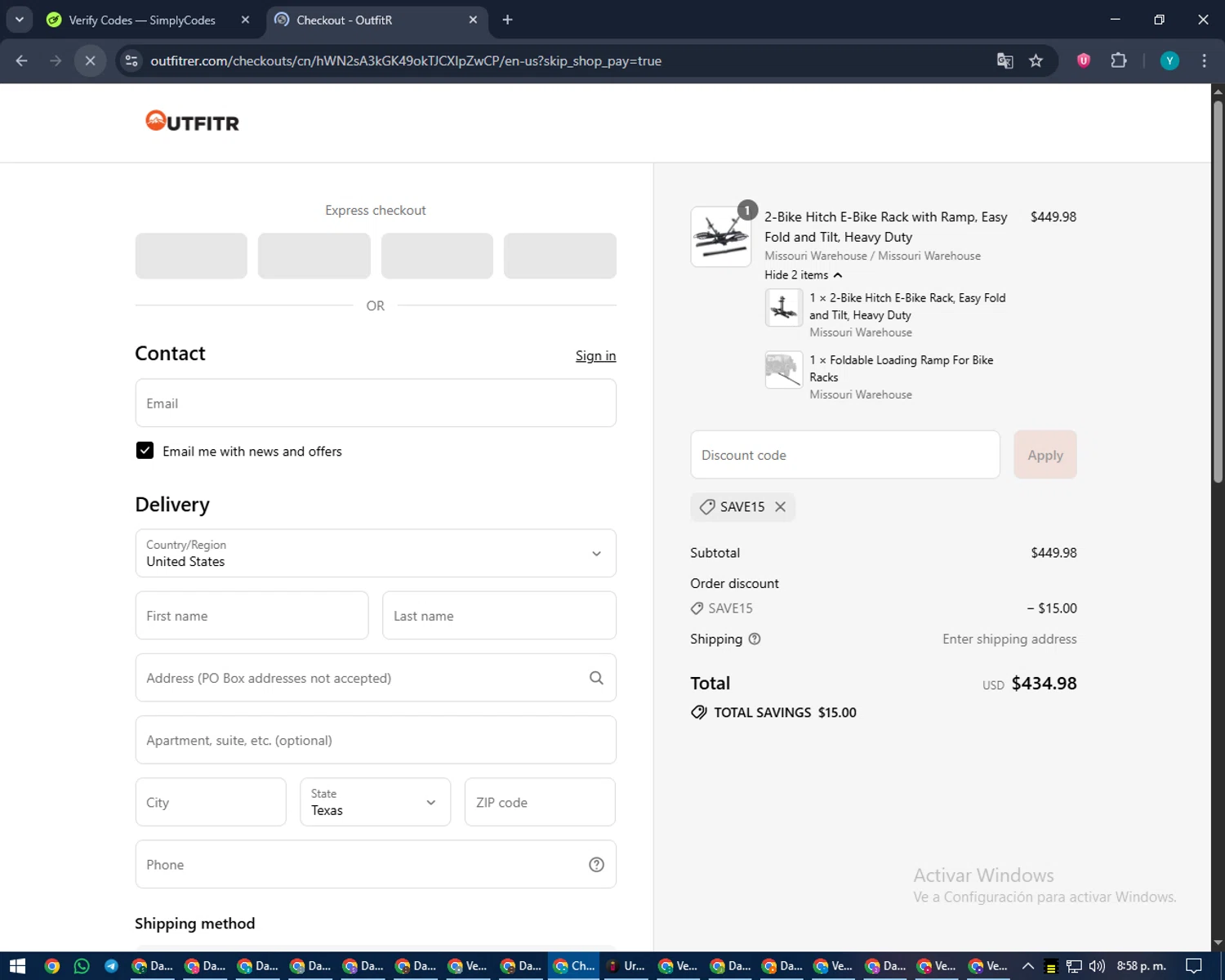 OutfitR promo code screenshot showing code SAVE15 applied at OutfitR checkout page. Uploaded by SimplyCodes community member RoyalEagle4794 on Sep 12, 2025