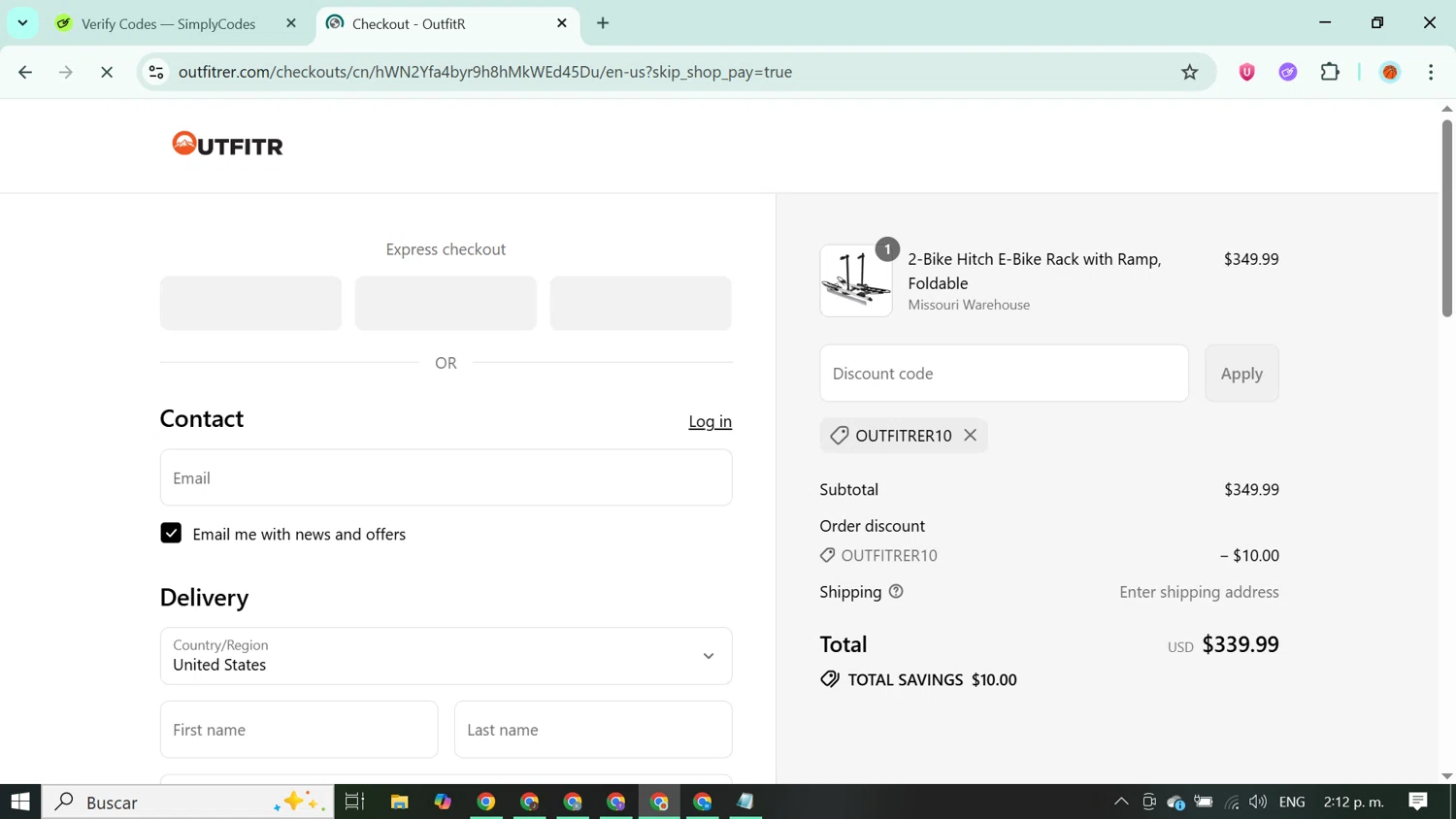 OutfitR promo code screenshot showing code OUTFITRER10 applied at OutfitR checkout page. Uploaded by SimplyCodes community member ABUSAMADRES_ on Sep 3, 2025