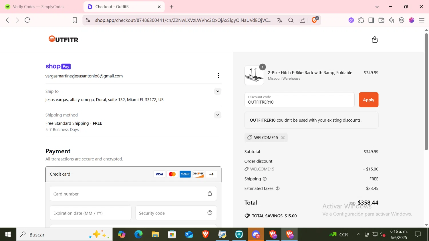 OutfitR promo code screenshot showing code OUTFITRER10 applied at OutfitR checkout page. Uploaded by SimplyCodes community member CODMOBILE2 on Jun 6, 2025