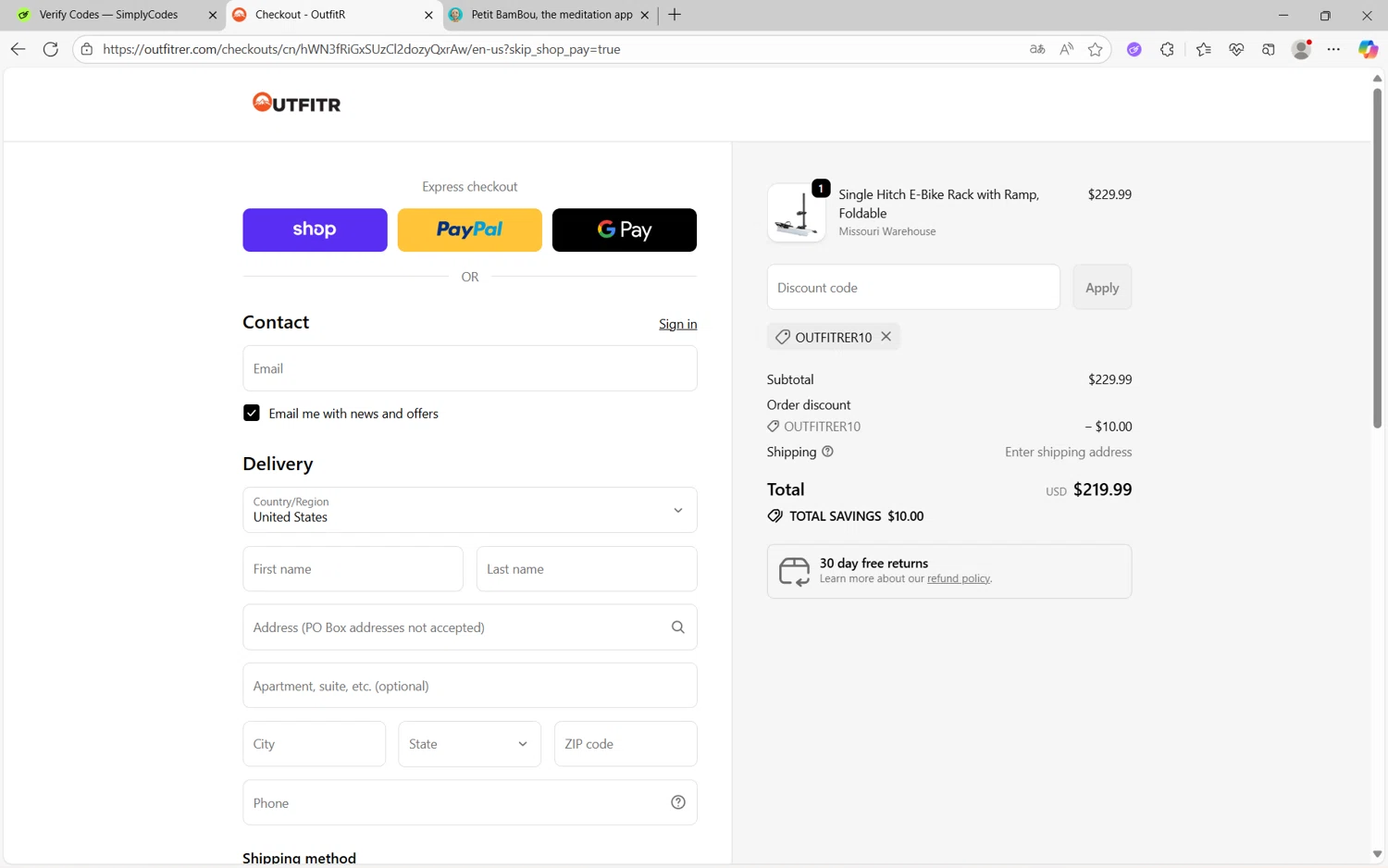 OutfitR promo code screenshot showing code OUTFITRER10 applied at OutfitR checkout page. Uploaded by SimplyCodes community member juan1702 on Oct 2, 2025