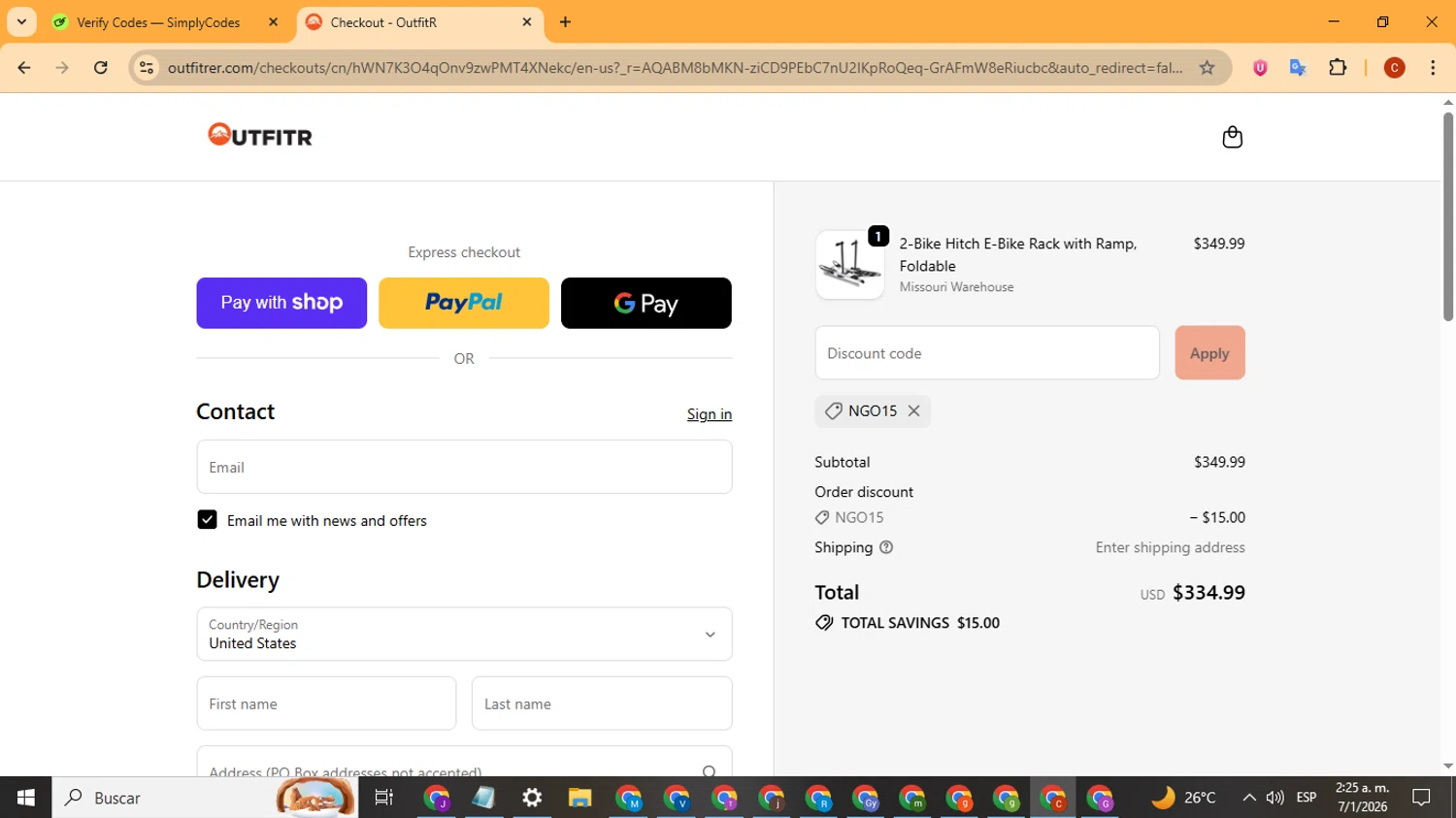 OutfitR checkout page showing OutfitR promo code box | Screenshot taken by SimplyCodes community member on Jan 7, 2026