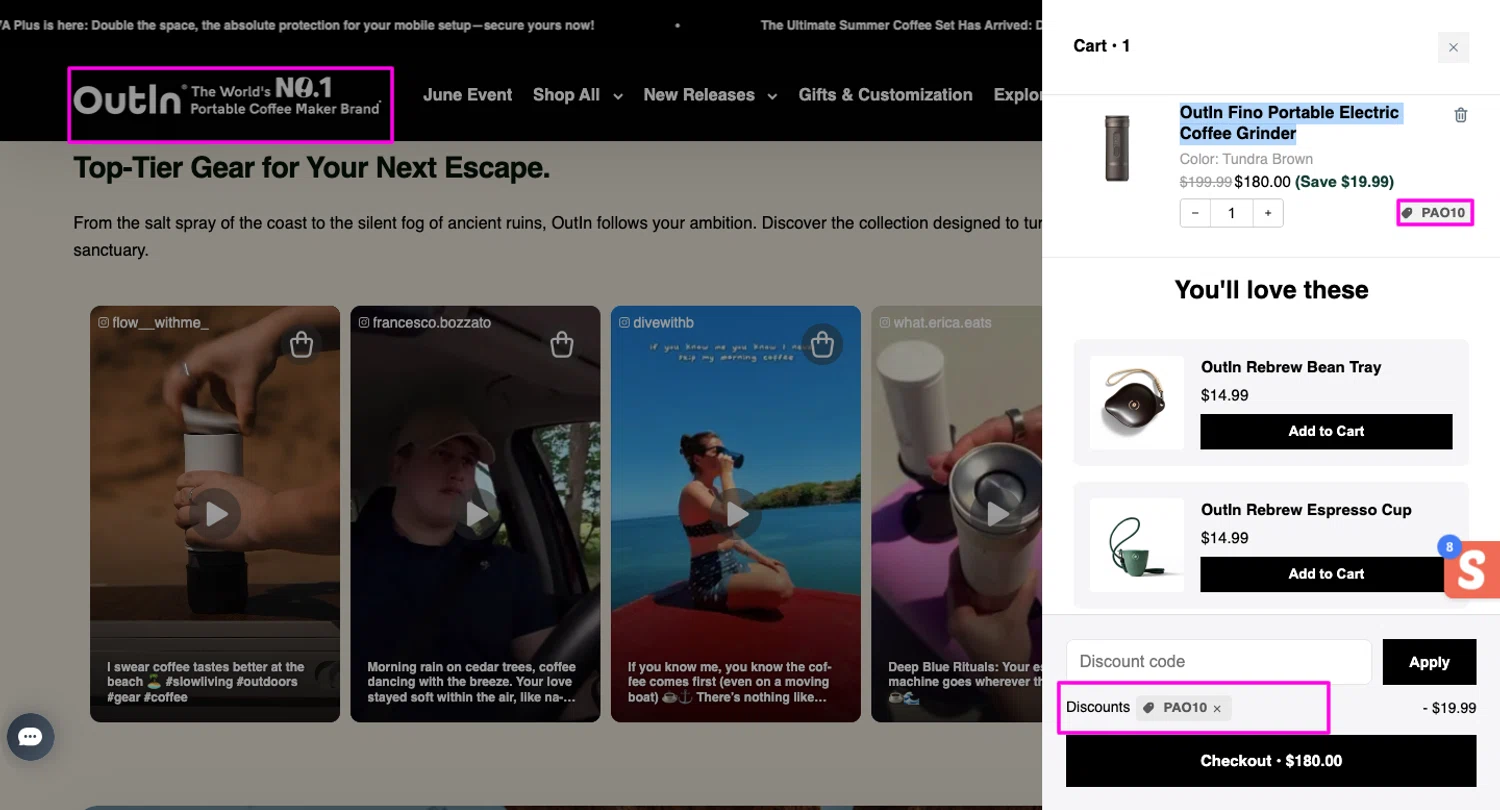 Outin promo code screenshot showing code PAO10 applied at Outin checkout page. Uploaded by SimplyCodes community member chandlerbing on Jun 10, 2026