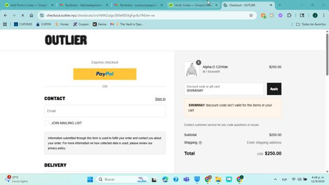 Outlier checkout page showing Outlier promo code box | Screenshot taken by SimplyCodes community member on Sep 12, 2025
