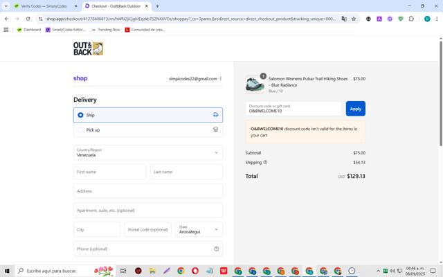 Out&Back Outdoor checkout page showing Out&Back Outdoor promo code box | Screenshot taken by SimplyCodes community member on Sep 8, 2025