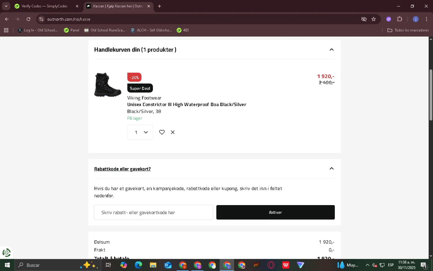 Outnorth promo code screenshot showing code ONKIDS25 applied at Outnorth checkout page. Uploaded by SimplyCodes community member CouponOwl5049 on Nov 30, 2025