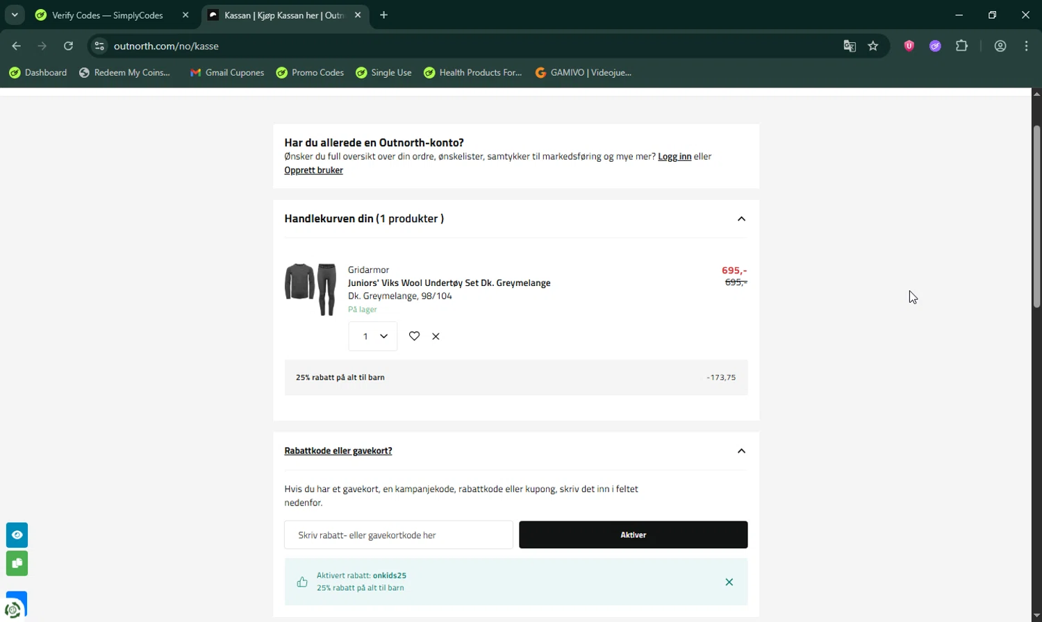 Outnorth promo code screenshot showing code ONKIDS25 applied at Outnorth checkout page. Uploaded by SimplyCodes community member LHaunter on Oct 20, 2025