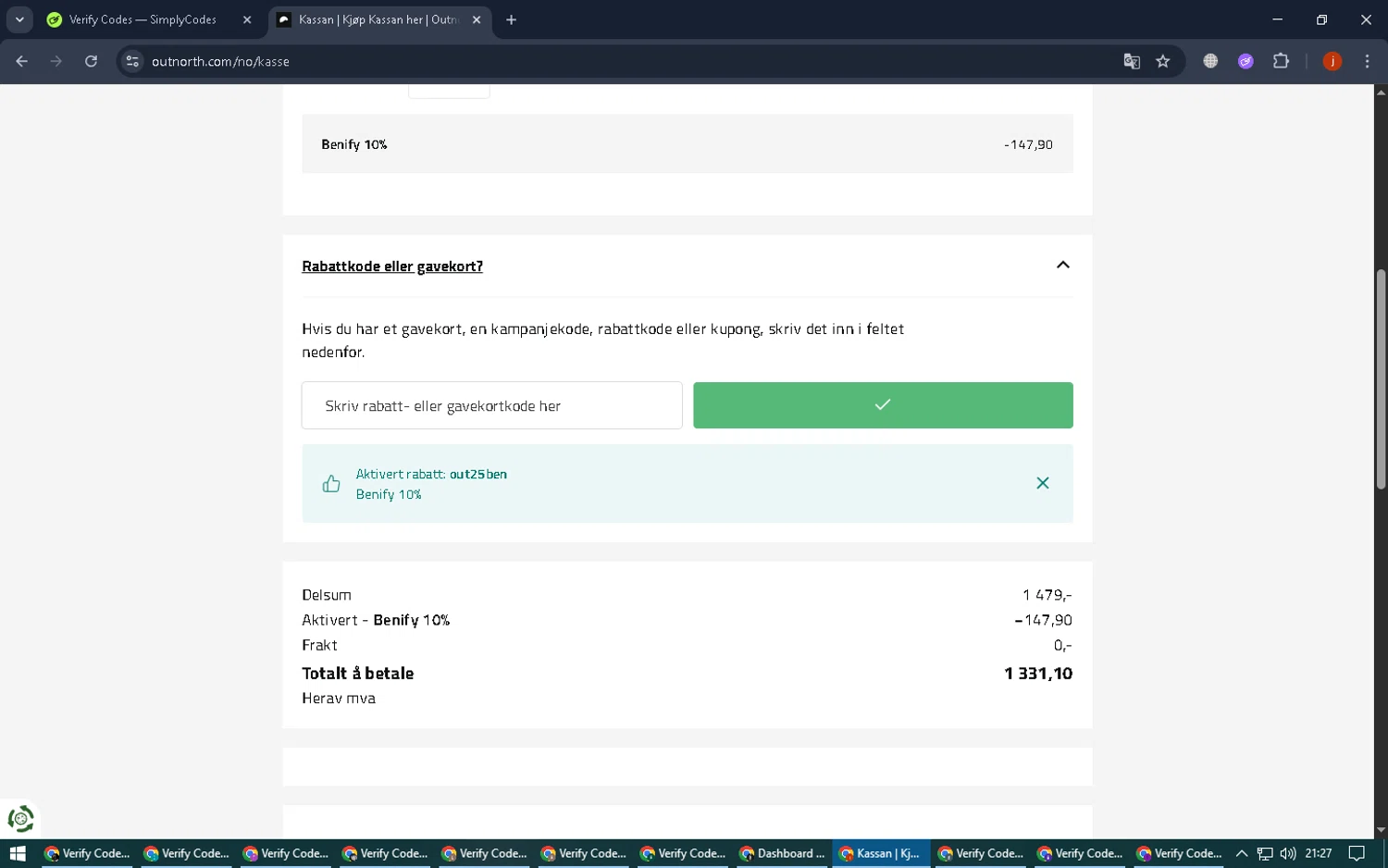 Outnorth promo code screenshot showing code out25ben applied at Outnorth checkout page. Uploaded by SimplyCodes community member FortunateGenius936 on Oct 29, 2025