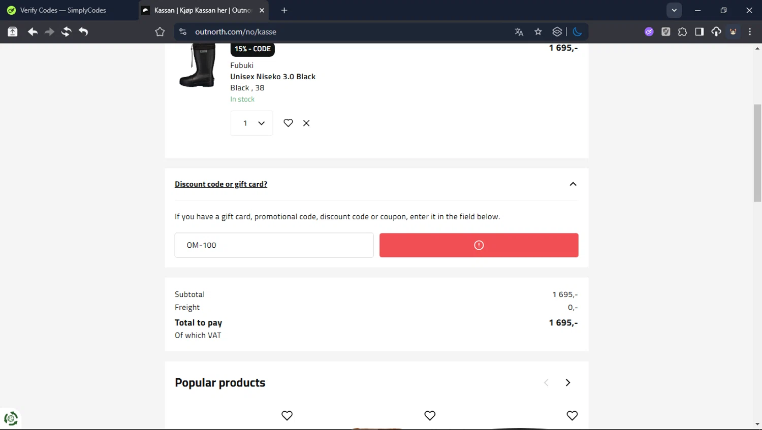 Outnorth promo code screenshot showing code OM-100 applied at Outnorth checkout page. Uploaded by SimplyCodes community member LegendaryCollector6259 on Jan 10, 2026