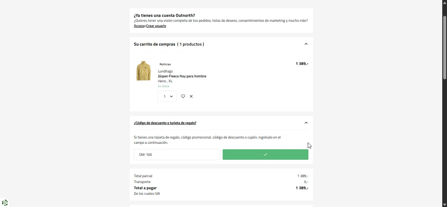 Outnorth promo code screenshot showing code OM-100 applied at Outnorth checkout page. Uploaded by SimplyCodes community member Prospecto on Oct 16, 2025