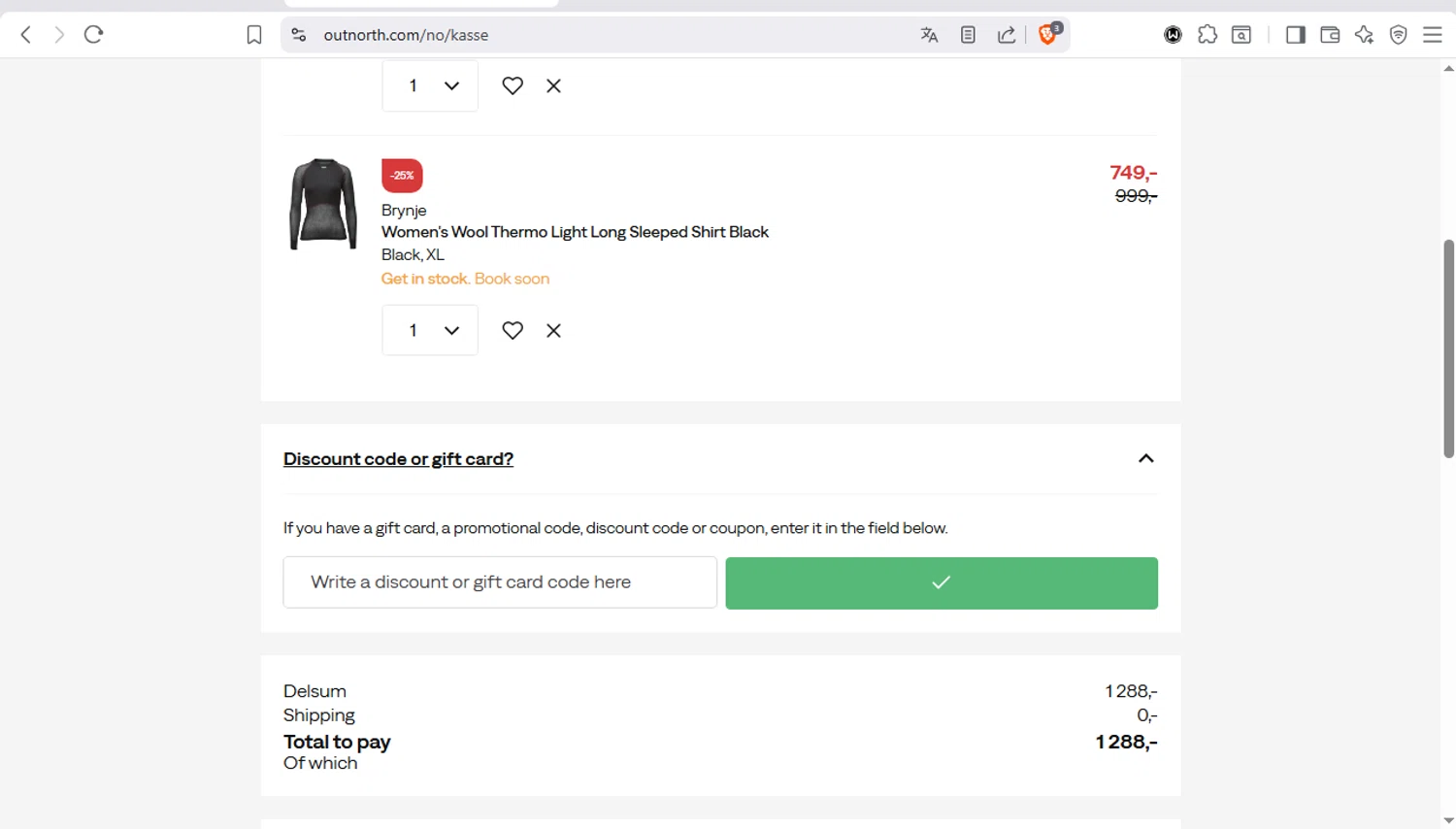 Outnorth checkout page showing Outnorth promo code box | Screenshot taken by SimplyCodes community member on Jan 24, 2026