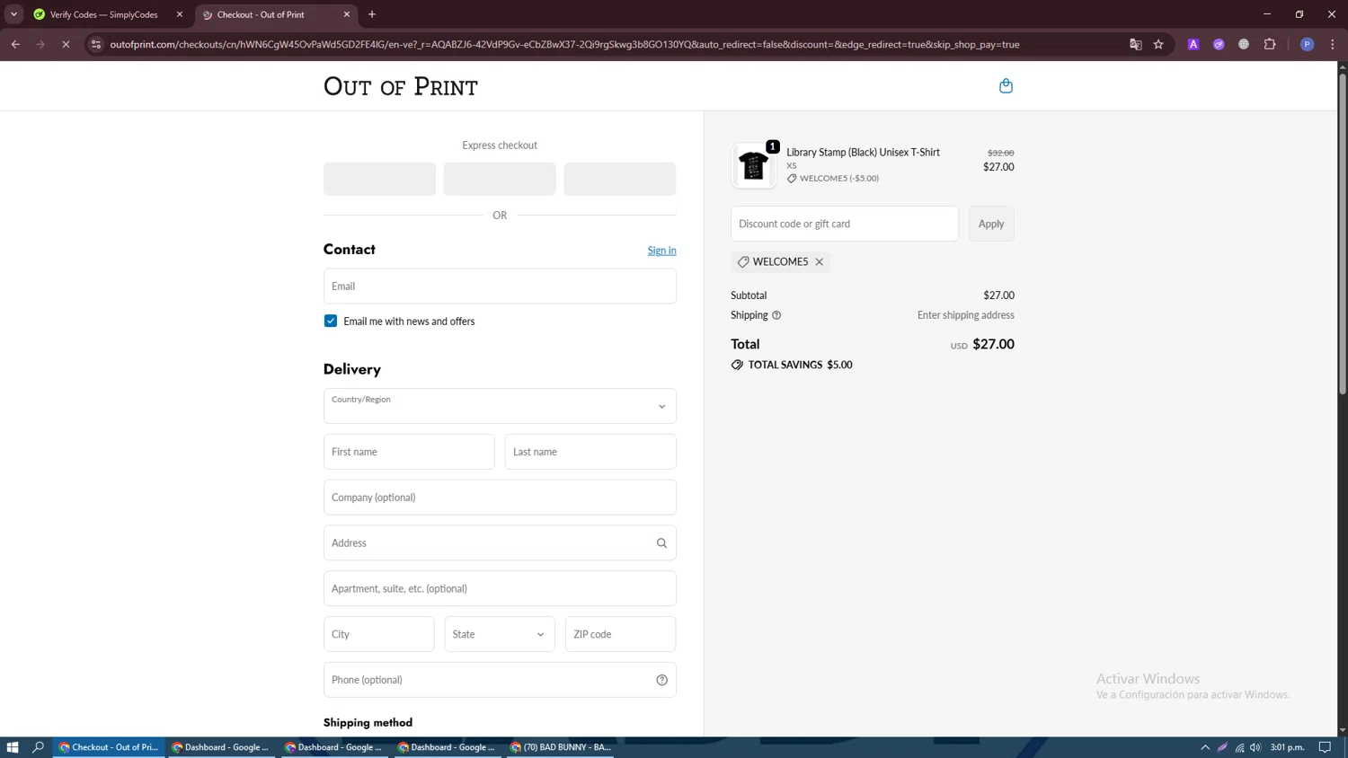 Out Of Print coupon code screenshot showing code WELCOME5 applied at Out Of Print checkout page. Uploaded by SimplyCodes community member Darknigth31 on Dec 8, 2025