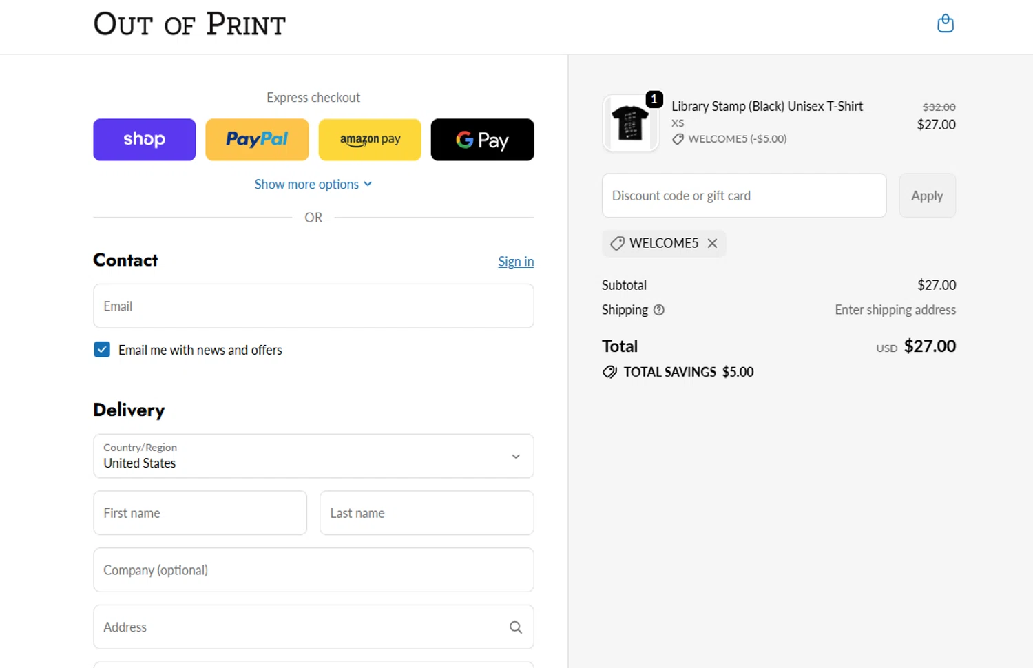 Out Of Print coupon code screenshot showing code WELCOME5 applied at Out Of Print checkout page. Uploaded by SimplyCodes community member VictoriousFinder8211 on Dec 8, 2025