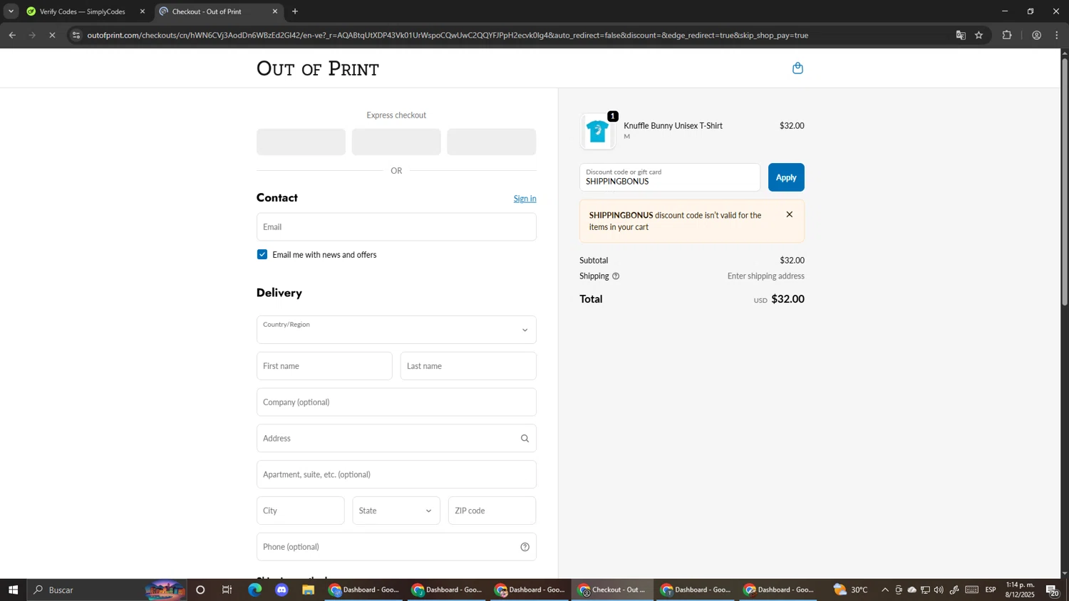Out Of Print coupon code screenshot showing code SHIPPINGBONUS applied at Out Of Print checkout page. Uploaded by SimplyCodes community member Pirlo420 on Dec 8, 2025