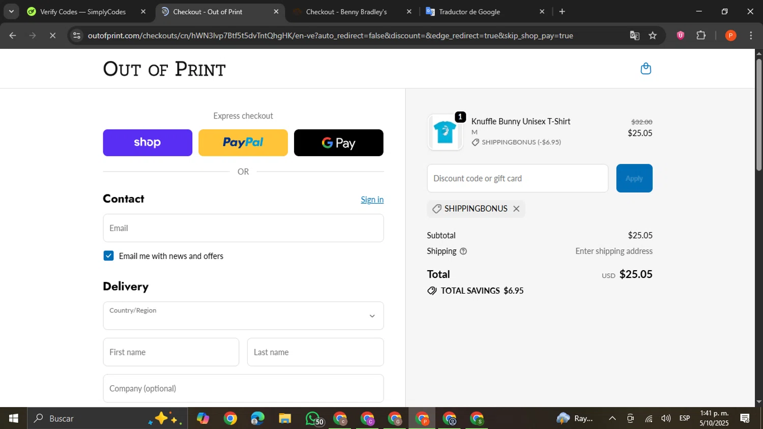 Out Of Print coupon code screenshot showing code SHIPPINGBONUS applied at Out Of Print checkout page. Uploaded by SimplyCodes community member VictoriousCaptain2658 on Oct 5, 2025