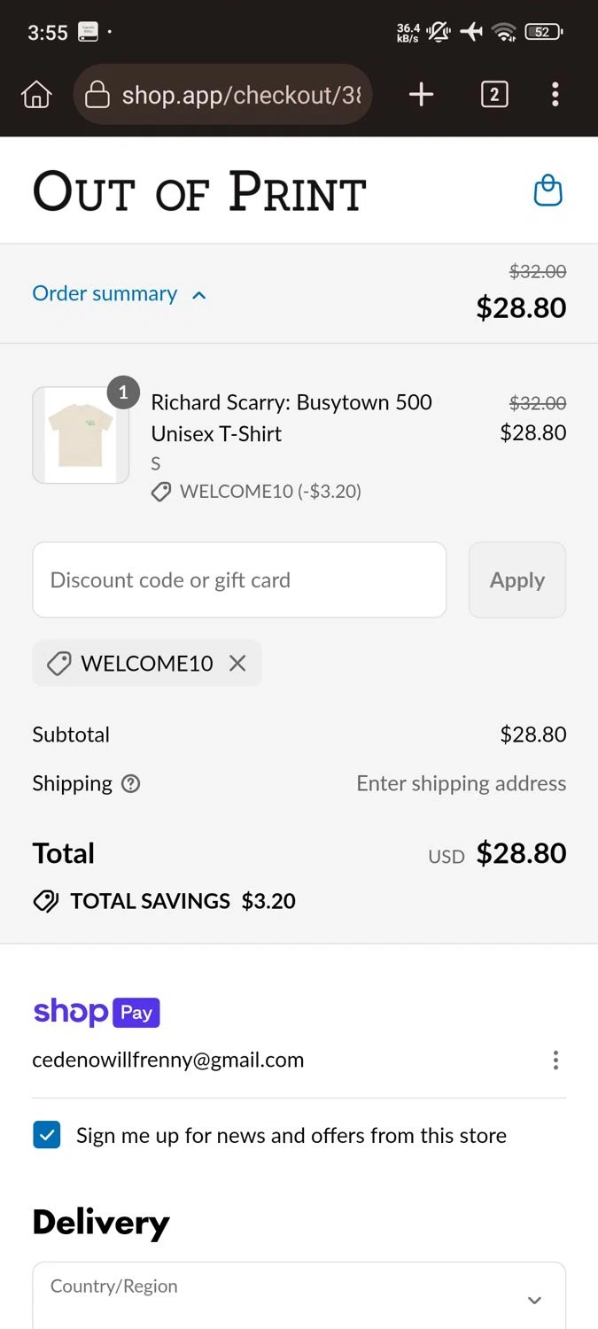Out Of Print coupon code screenshot showing code WELCOME10 applied at Out Of Print checkout page. Uploaded by SimplyCodes community member Willfrenny_18 on Jul 8, 2025