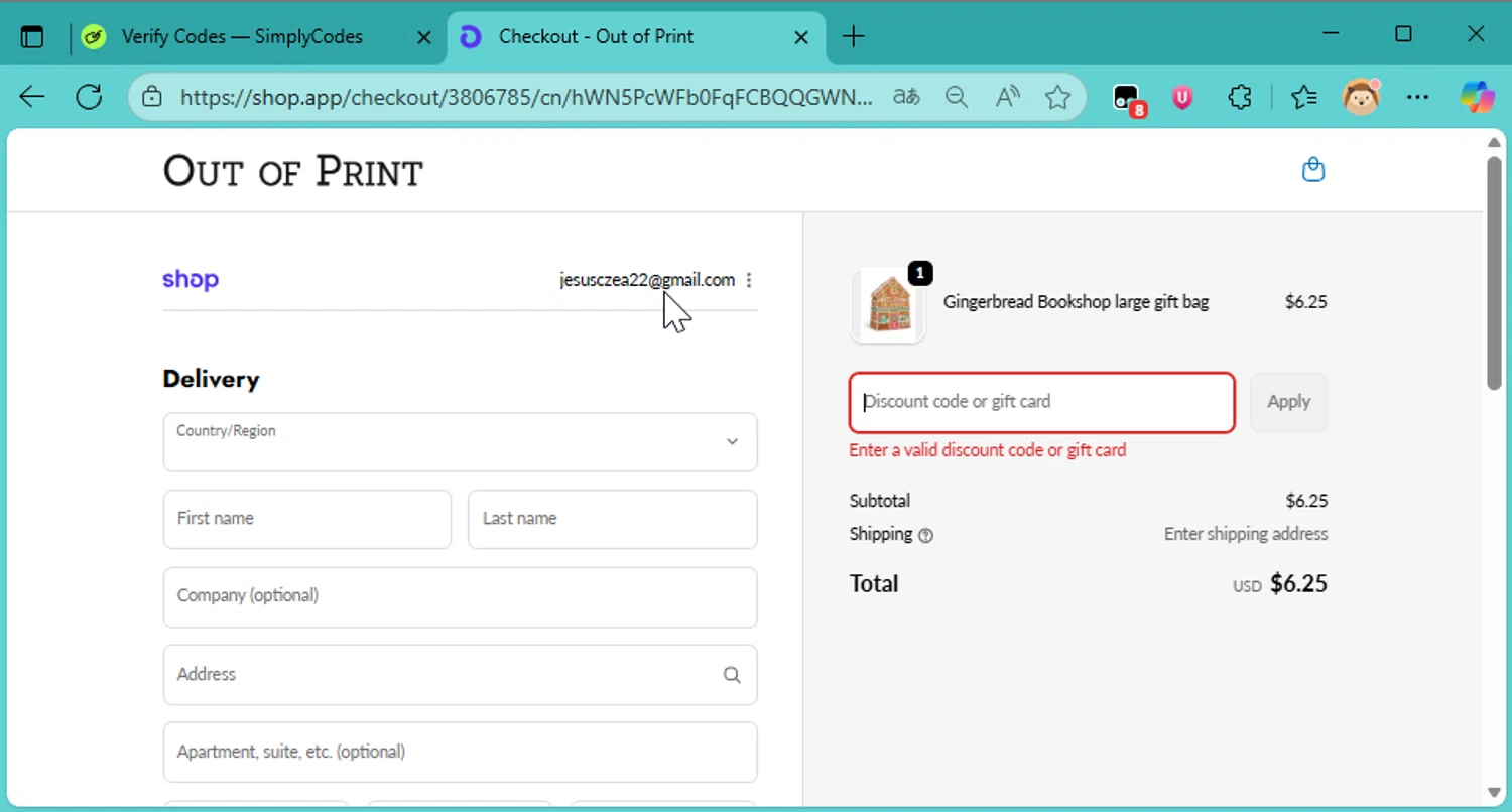 Out Of Print coupon code screenshot showing code GIFTBAG applied at Out Of Print checkout page. Uploaded by SimplyCodes community member DonutPunks on Nov 17, 2025