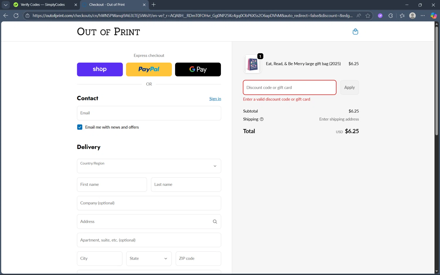 Out Of Print coupon code screenshot showing code GIFTBAG applied at Out Of Print checkout page. Uploaded by SimplyCodes community member frijolito on Nov 17, 2025