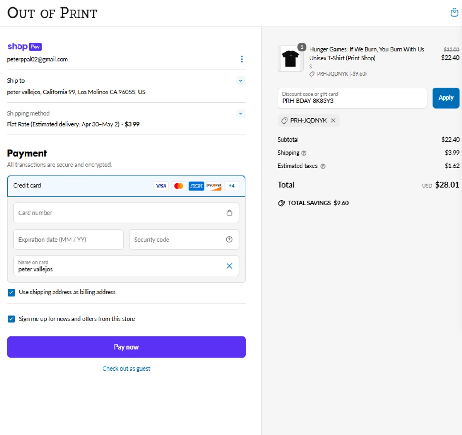 Out Of Print coupon code screenshot showing code PRH-BDAY-8K83Y3 applied at Out Of Print checkout page. Uploaded by SimplyCodes community member ricardoramirez1 on Apr 24, 2025