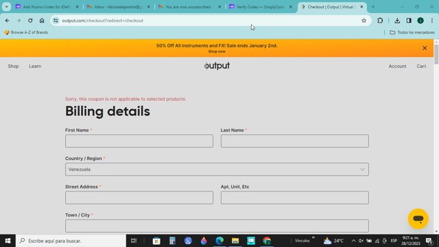 Output checkout page showing Output promo code box | Screenshot taken by SimplyCodes community member on Dec 28, 2023