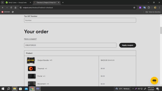 Output checkout page showing Output promo code box | Screenshot taken by SimplyCodes community member on Apr 13, 2024