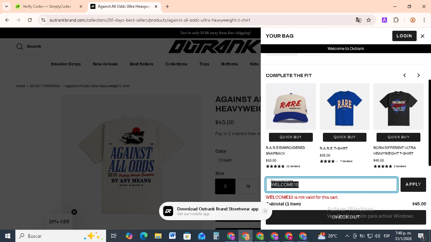 Outrank Brand discount code screenshot showing code WELCOME10 applied at Outrank Brand checkout page. Uploaded by SimplyCodes community member RebateCollector5909 on Jan 31, 2026