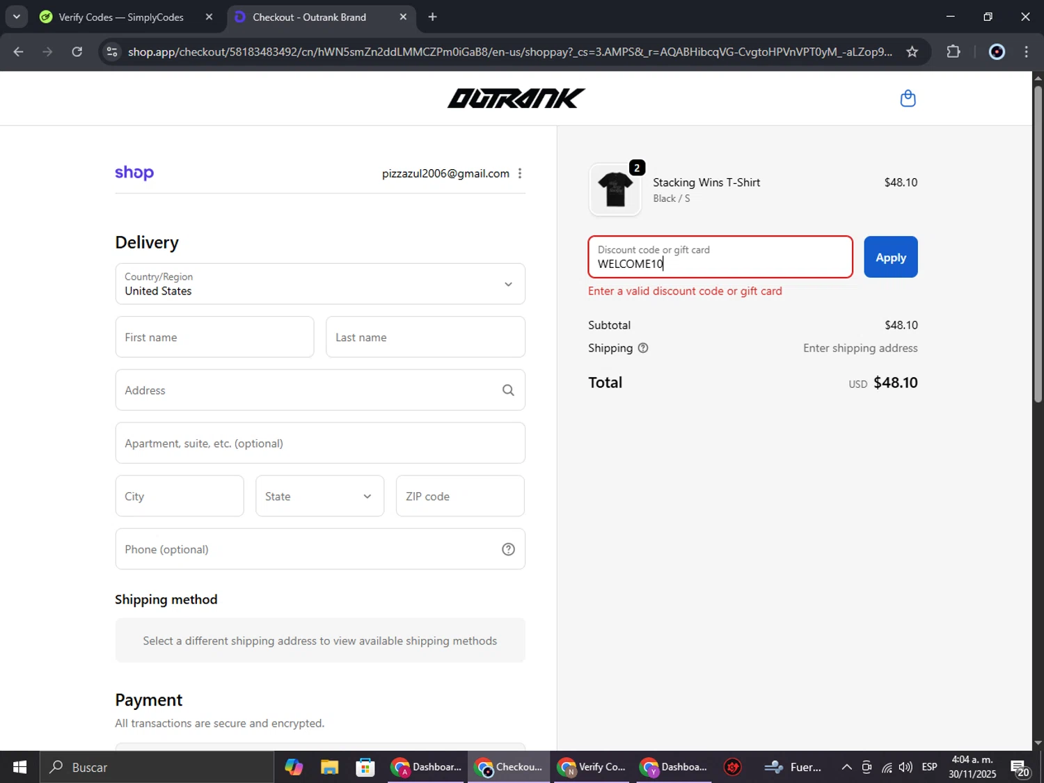 Outrank Brand discount code screenshot showing code WELCOME10 applied at Outrank Brand checkout page. Uploaded by SimplyCodes community member RoyalBoss4384 on Nov 30, 2025