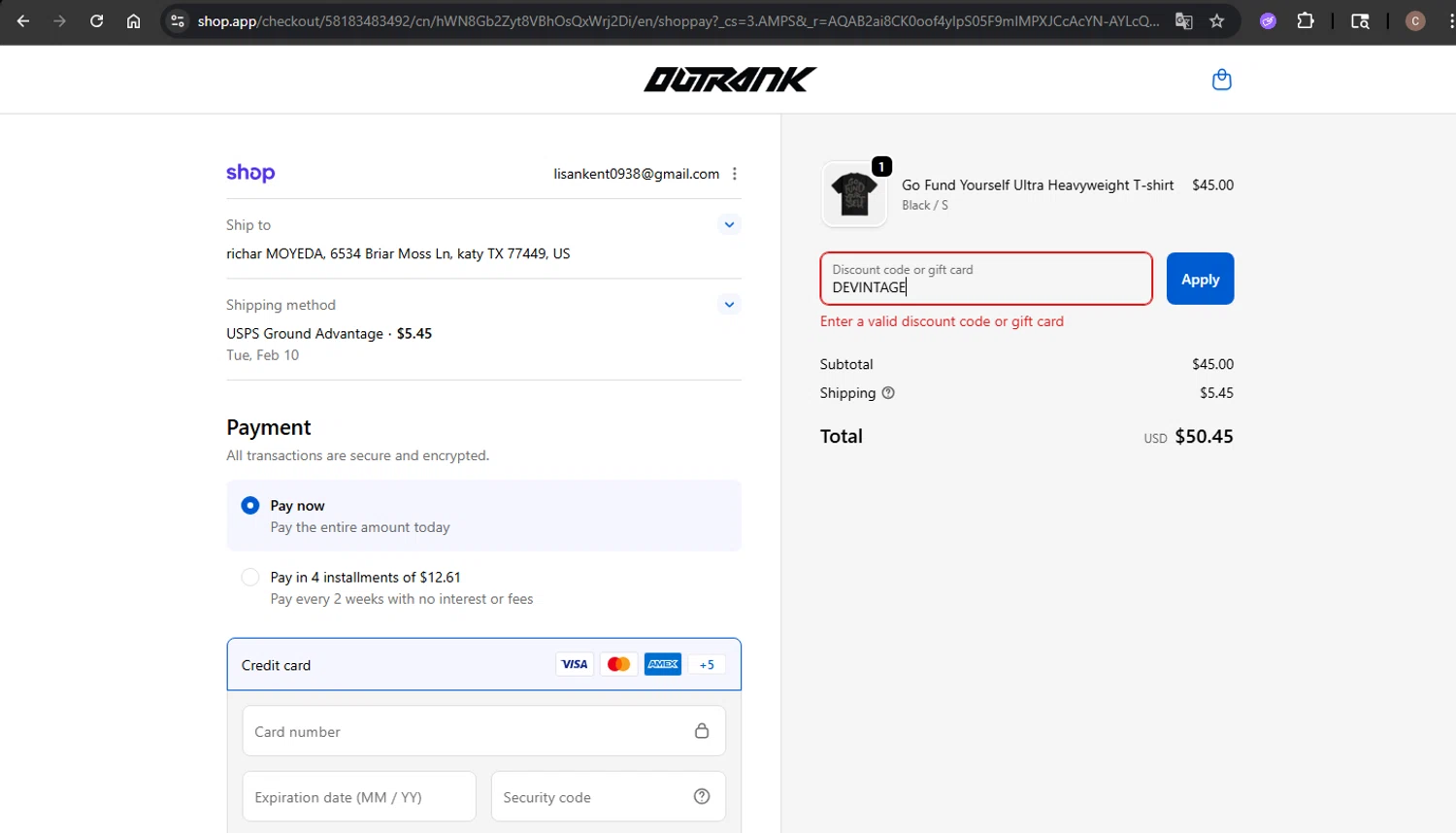 Outrank Brand discount code screenshot showing code DEVINTAGE applied at Outrank Brand checkout page. Uploaded by SimplyCodes community member SwiftCaptain4127 on Feb 1, 2026
