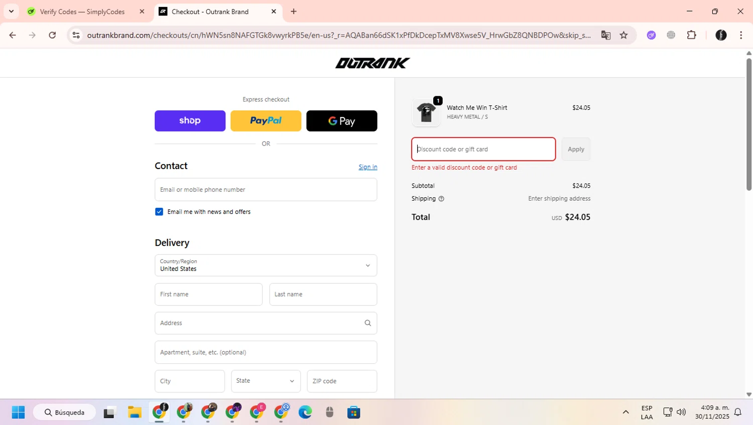 Outrank Brand discount code screenshot showing code JAYTHESNEAKERGUY applied at Outrank Brand checkout page. Uploaded by SimplyCodes community member ChinoYugiXD on Nov 30, 2025