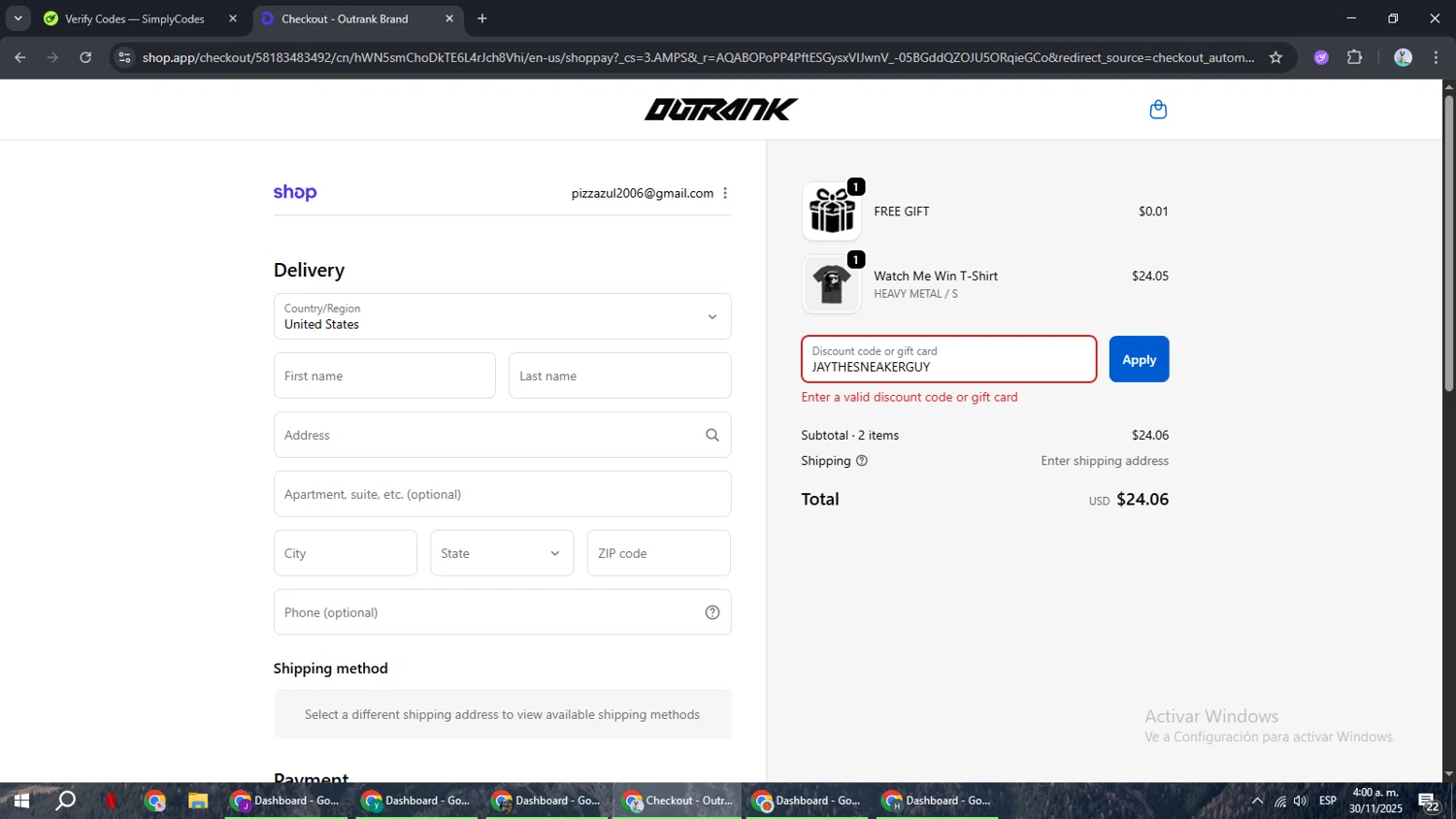 Outrank Brand discount code screenshot showing code JAYTHESNEAKERGUY applied at Outrank Brand checkout page. Uploaded by SimplyCodes community member ShrewdSeeker6165 on Nov 30, 2025