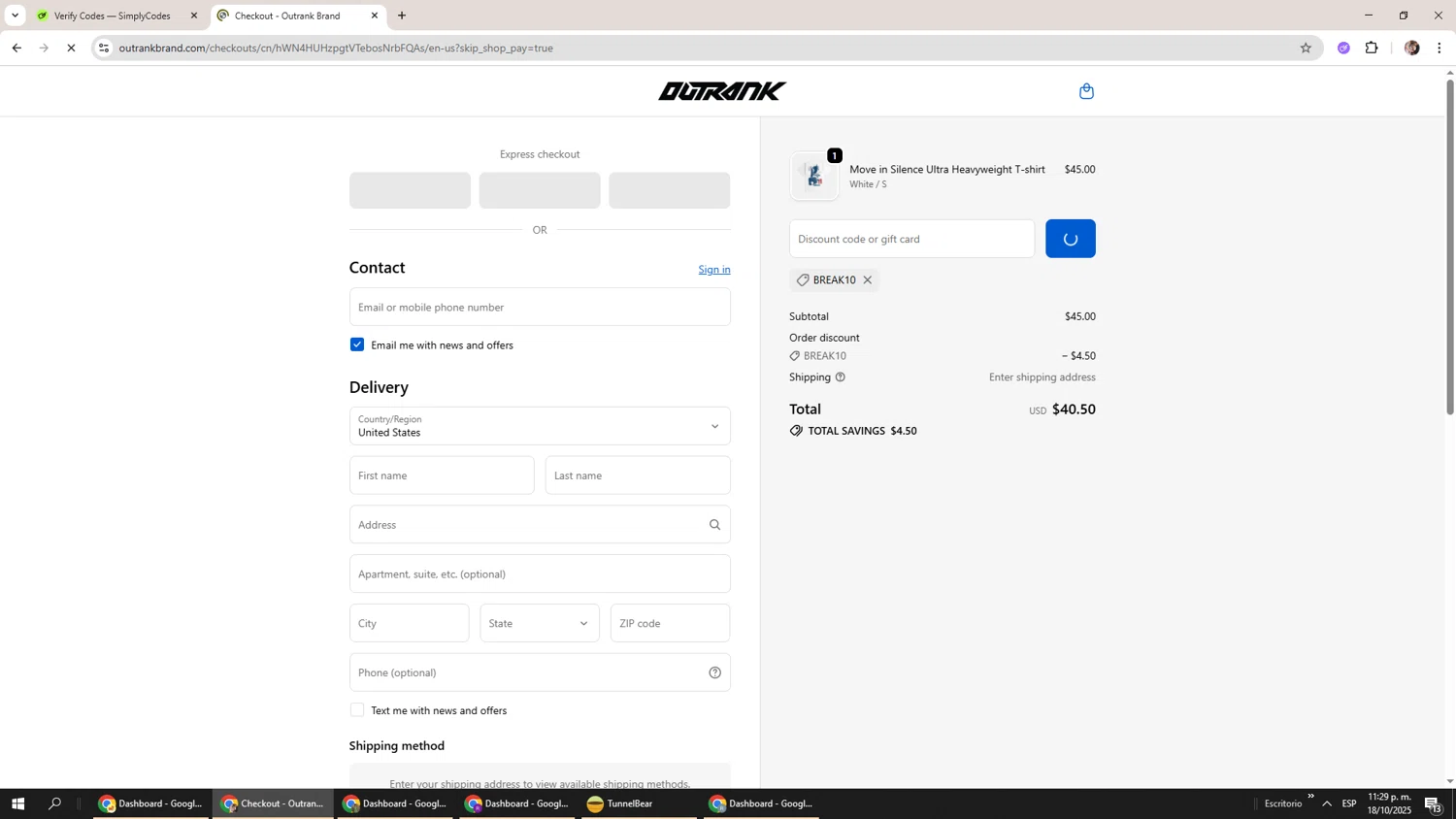 Outrank Brand discount code screenshot showing code break10 applied at Outrank Brand checkout page. Uploaded by SimplyCodes community member Levi_Ackerman on Oct 19, 2025