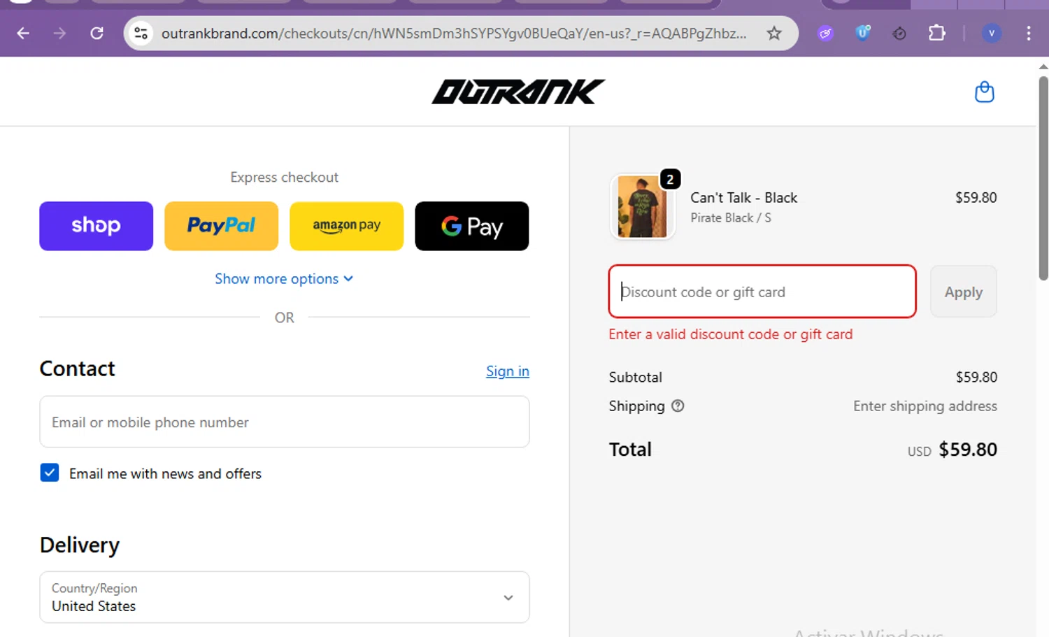 Outrank Brand discount code screenshot showing code break10 applied at Outrank Brand checkout page. Uploaded by SimplyCodes community member beatrizcastillo on Nov 30, 2025