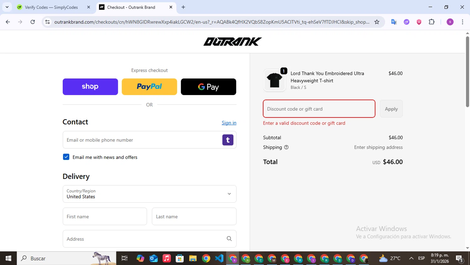 Outrank Brand discount code screenshot showing code OUTRANK20 applied at Outrank Brand checkout page. Uploaded by SimplyCodes community member WonderPioneer5062 on Feb 1, 2026