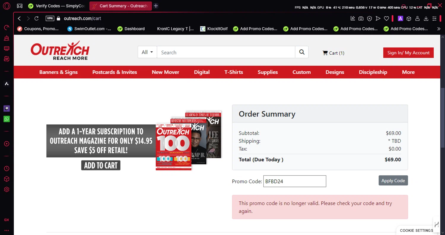 Outreach.com promo code screenshot showing code BFBD24 applied at Outreach.com checkout page. Uploaded by SimplyCodes community member noahbronw on Dec 30, 2024