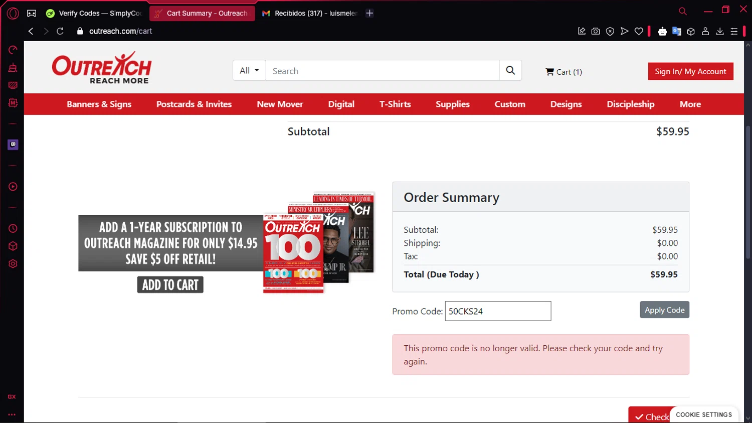 Outreach.com promo code screenshot showing code 50CKS24 applied at Outreach.com checkout page. Uploaded by SimplyCodes community member TOLUENO on Jan 8, 2025