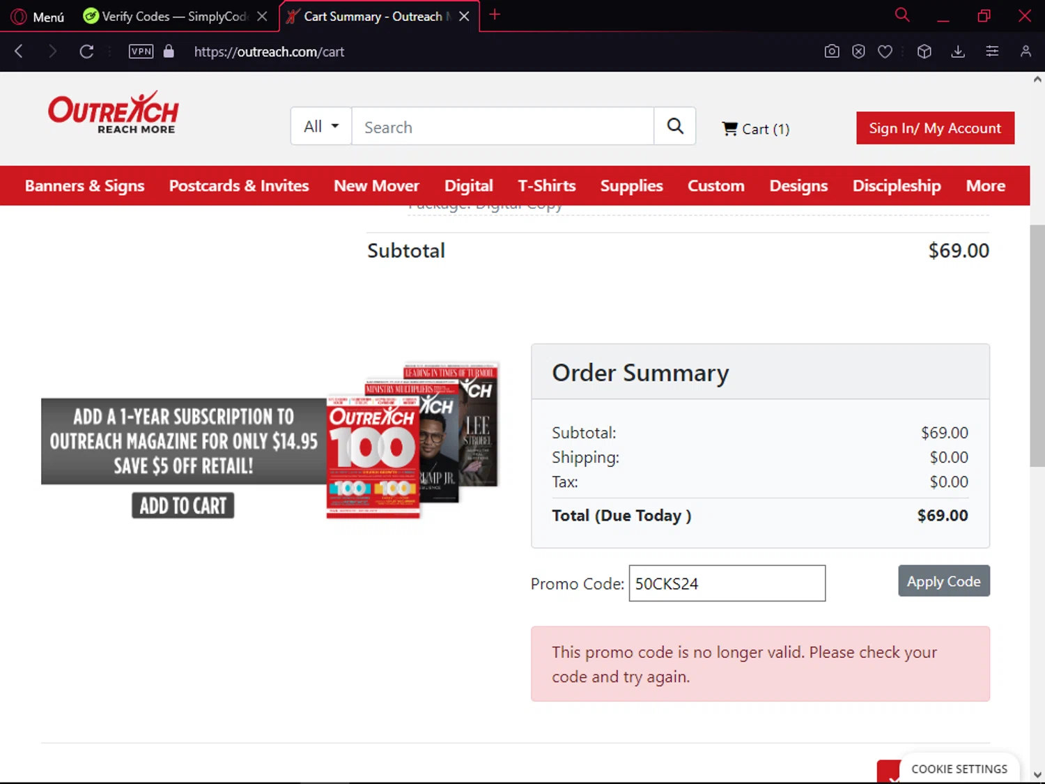 Outreach.com promo code screenshot showing code 50CKS24 applied at Outreach.com checkout page. Uploaded by SimplyCodes community member CodeSeeker9284 on Jan 8, 2025