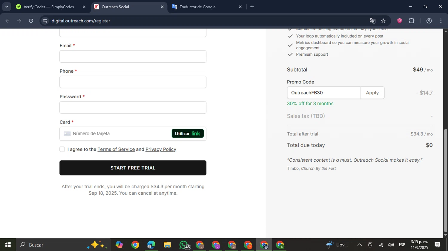 Outreach.com checkout page showing Outreach.com promo code box | Screenshot taken by SimplyCodes community member on Sep 11, 2025
