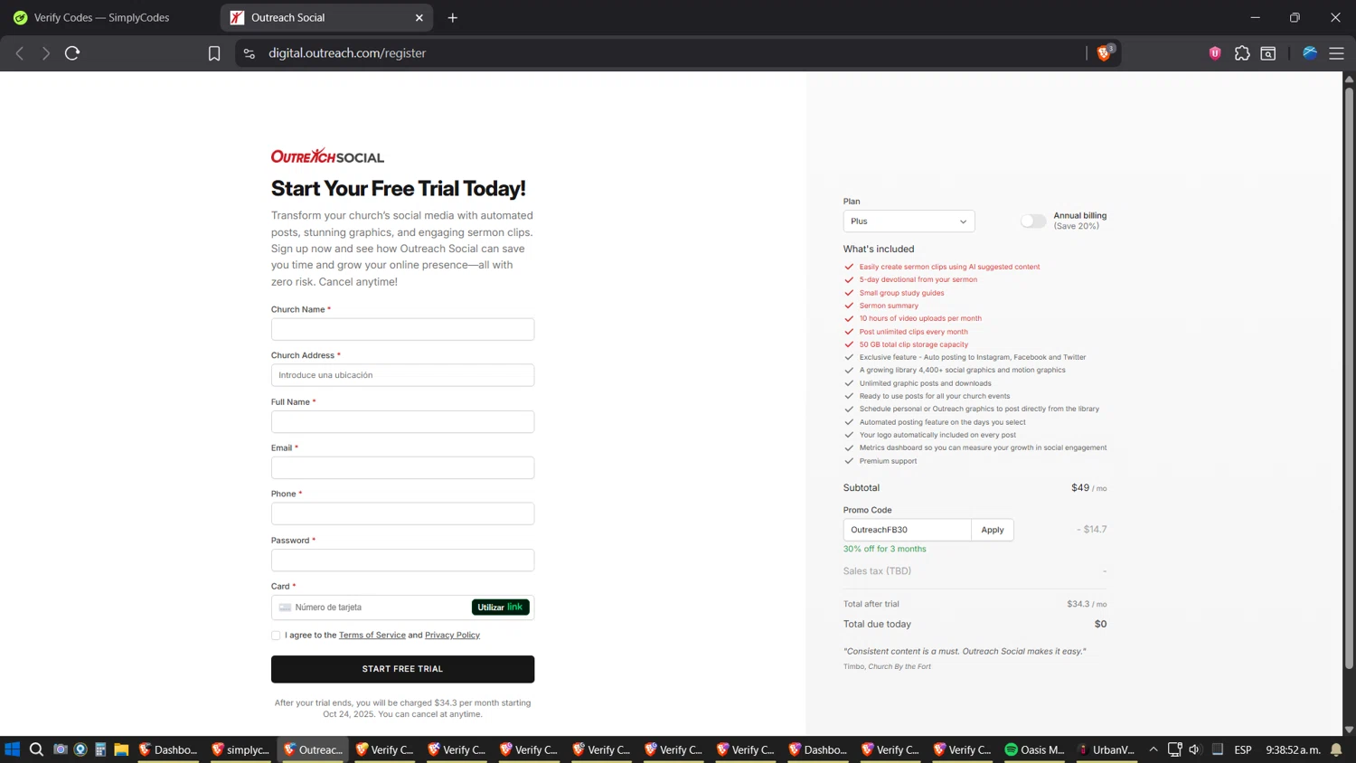 Outreach.com promo code screenshot showing code OutreachFB30 applied at Outreach.com checkout page. Uploaded by SimplyCodes community member Jgomez on Oct 17, 2025