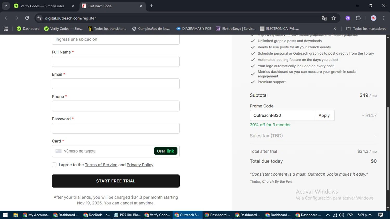 Outreach.com promo code screenshot showing code OutreachFB30 applied at Outreach.com checkout page. Uploaded by SimplyCodes community member WonderGenius7678 on Nov 12, 2025