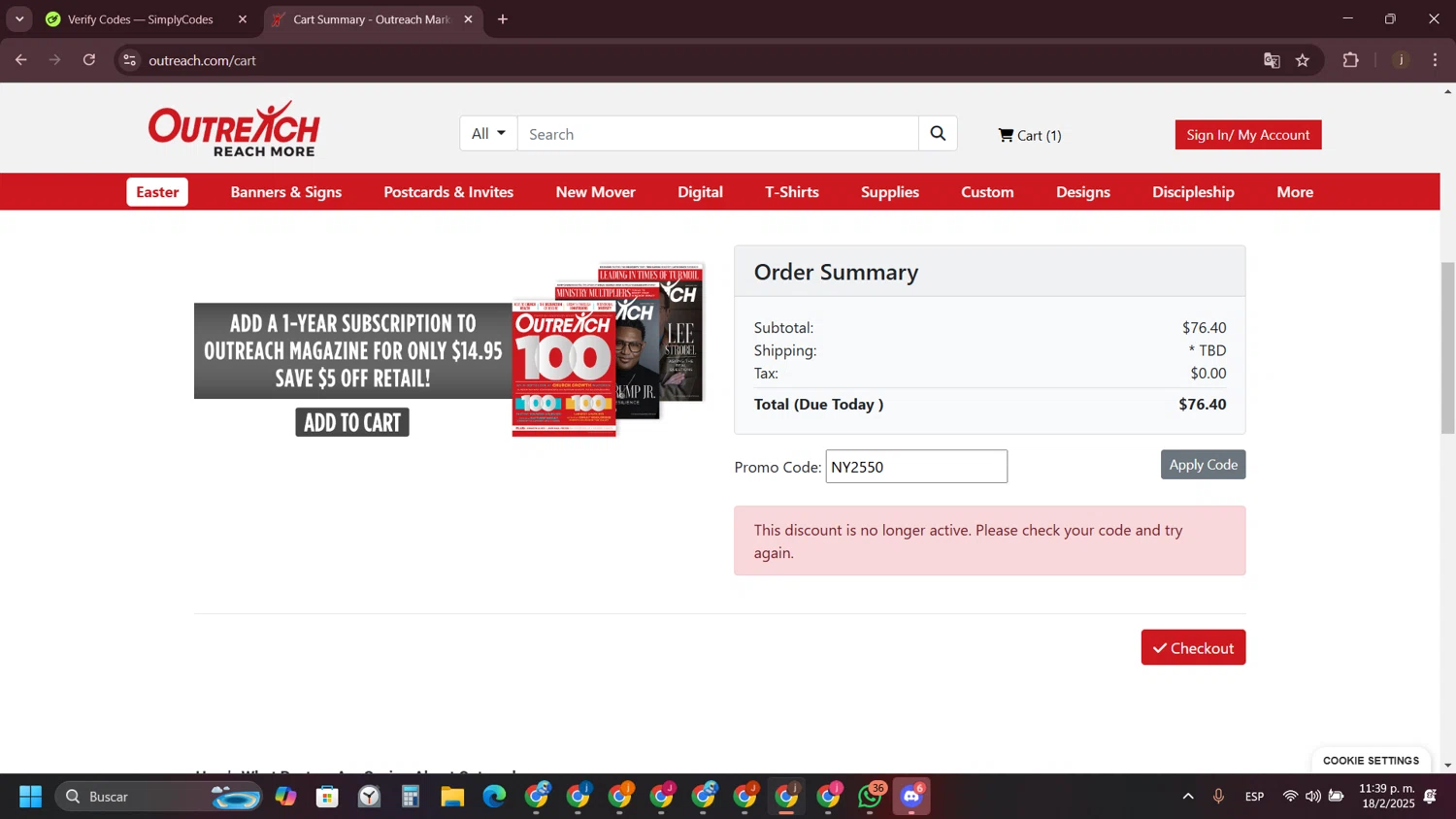 Outreach.com promo code screenshot showing code NY2550 applied at Outreach.com checkout page. Uploaded by SimplyCodes community member VictoriousVirtuoso7711 on Feb 19, 2025