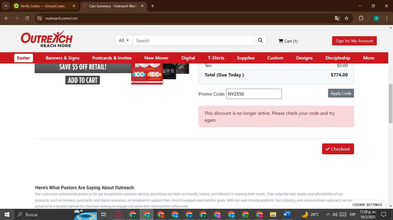 Outreach.com promo code screenshot showing code NY2550 applied at Outreach.com checkout page. Uploaded by SimplyCodes community member BonusWarden6019 on Feb 19, 2025